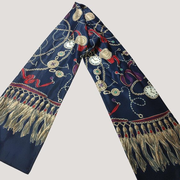 Navy Silk Scarf With Clock Tassel Print Long Rectangular Design Coat Accent - Picture 3 of 7